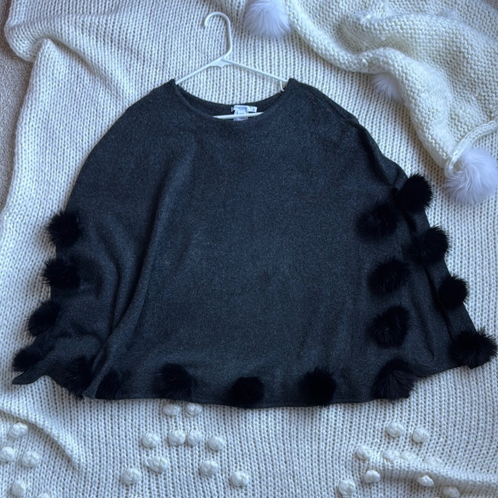 Chico’s Elegant Black Poncho Sweater with Faux Fur Pom Pom Details